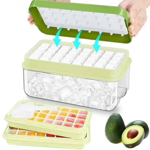 Ice Cube Tray with Lid and Bin, 64 pcs Ice Tray Kit with Ice Scoop, Ice Cube Pop Out Tray, Ice Cube Trays for Freezer, Ice Cube Molds, BPA Free, Easy Release Stackble Spill-Resistant ZZWILLB (Green)