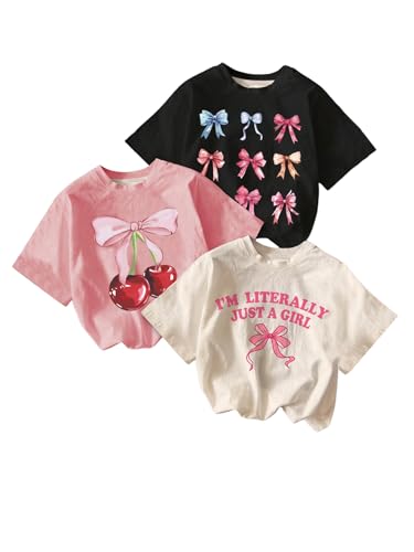 Girl's 3 Pack Bow T Shirt Cute Cherry Print Shirt Kids Short Sleeve Crew Neck Tee Tops