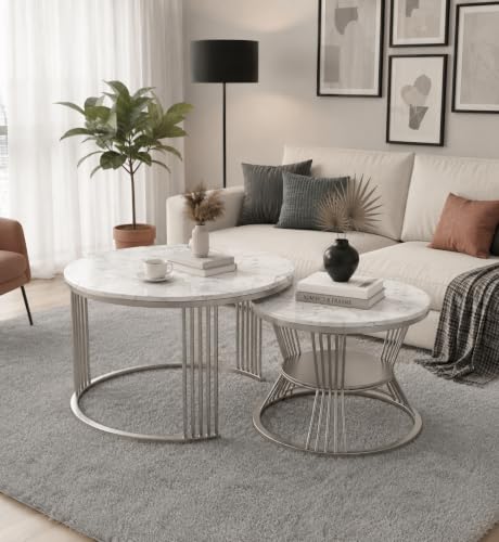 Image of Brown Art SHOPPEE Round Coffee Table Home Decor Furniture Coffee Table Sets,2 Piece MDF Top,Stacking Nesting Table with Iron Frame for Living Room Living Room or Lounge (Silver White)