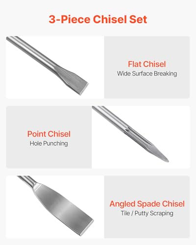Image of VEVOR SDS Plus Chisel Set, 3 pcs SDS Plus Rotary Hammer Drill Attachments, Includes Point, Flat, & Angled Spade Chisels, Heat Treated 40Cr Alloy Steel, Sharp Edge for Demolition, Concrete and Brick