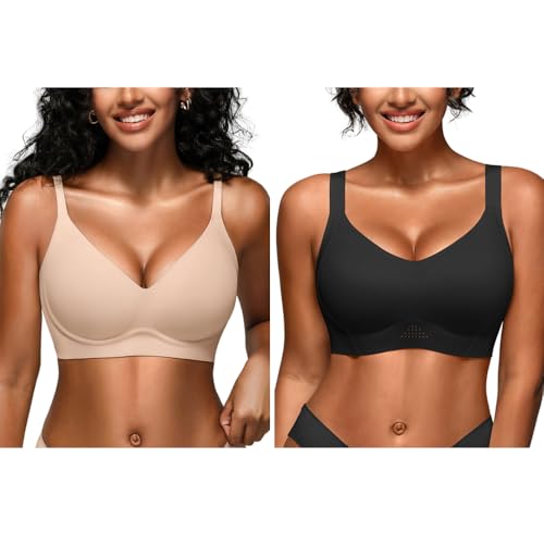 Wireless Full Support Bra Black L, Seamless Slim Straps Bralettes Skin L, Comfortable Everyday Bras for Women No Underwire