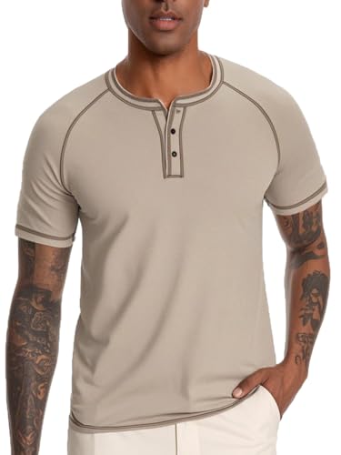 Nutria Men's Henley Shirt Short Sleeve Fashion Casual T-Shirt Summer Lightweight Tee Slim Fit with Button U16A Khaki