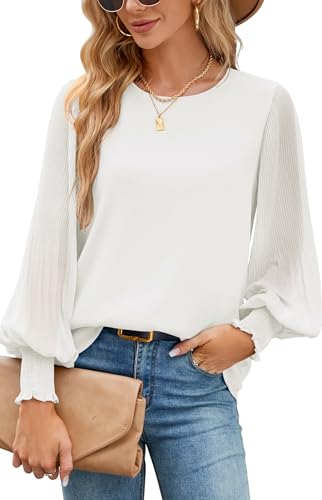 Odosalii Bluse Damen, Weisse Elegant Rundhals Locker Shirt, Musselinbluse Chiffon Blusen, Festliche Oberteile Herbst Langarm Pullover Tunika