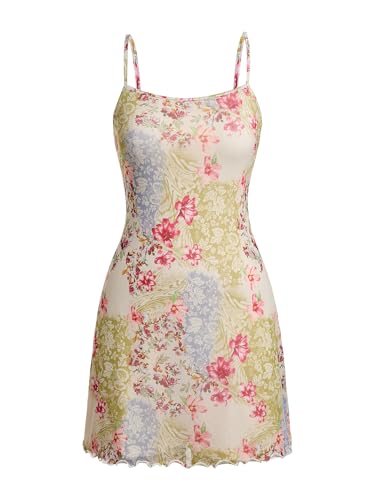 Milumia Women's Vintage 90s Summer Mini Dress Spaghetti Strap Boho A Line Mesh Short Dresses Sun Dress Festival Hippie Multi Light Green Large