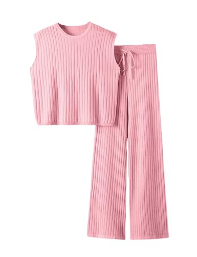2 Piece Outfits Sweater Sets Knit Sleeveless Pullover Top High Waisted Pants Tracksuits for Women