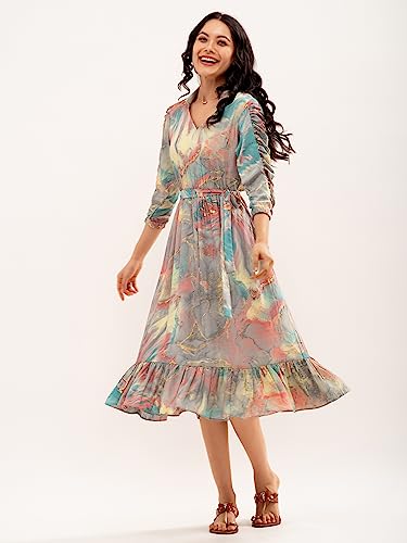 Image of AASK Abstract Printed Puff Sleeve Gathered Detailed Fit Flare Dress