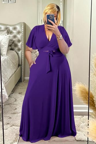 Image of Plus Size Women's 2 Piece Outfits Casual Short Ruffle Sleeve Wrap Crop Top Maxi Long Dress Flowy Matching Sets