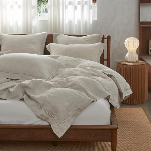 Simple&Opulence 100% French Flax Linen Duvet Cover Set with Embroidery Washed - 3 Pieces (1 Duvet Cover with 2 Pillow Shams) with Button Closure Soft Breathable Farmhouse - Linen, King Size