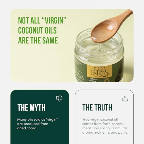 Image of 1000Farms Extra Virgin Coconut Oil 500 ml | 100% Certified Organic, Premium Cold Pressed & Unrefined | Edible Cooking Oil, Hair Oil & Baby Massage | Rich in MCTs | Glass Bottle