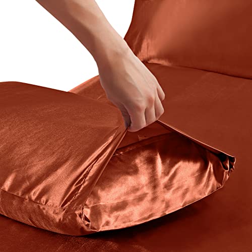 Image of Ersmak 7 Pieces Satin Sheets Set King Size, Luxury Silky Rust Orange Satin Bed Sheets Set with 1 Deep Pocket Fitted Sheet, 1 Soft Flat Sheet, 4 King Pillowcases and 1 Body Pillowcase