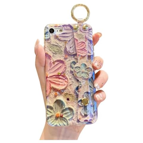 Lastma for iPhone SE Case 2022 (3rd Gen) & iPhone SE Case 2020 with Wrist Strap Kickstand Glitter Bling IMD Soft TPU Shockproof iPhone 8/7 Cases (NOT Plus) for Girls Women - Multicolor Flower Cover