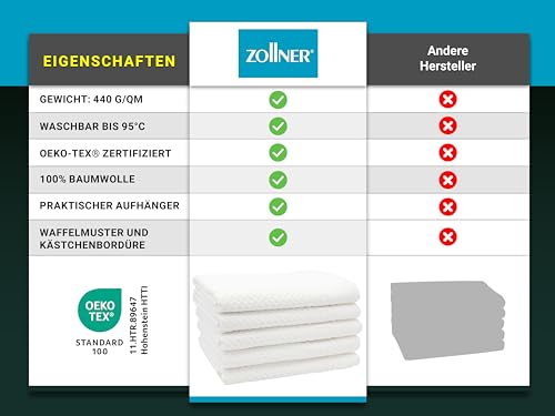 ZOLLNER 5er Set Duschtücher mit Waffelmuster - in weiß - 70x140 cm - Baumwolle - mit praktischem Aufhänger - waschbar bis 95°C - Hotelqualität - Oeko Tex® Zertifiziert