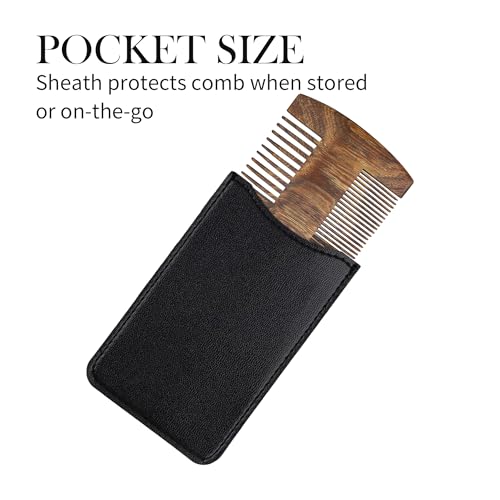 YAKUNCL Handmade Black Sandalwood Beard & Mustache Comb for Men, Double-Sided Fine Tooth Wooden Beard Comb with PU Leather Case, Wooden Pocket Comb for Scalp Massage & Beard — view 4