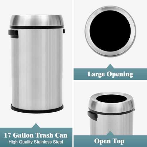 Image of GAOMON 65L /17Gal Open Top Heavy Duty Stainless Steel Outdoor Trash Can, Large Kitchen Round Can