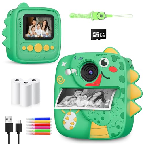 CHRERNA Appareil Photo Instantané Enfants, 1080P Appareil Photo Enfants avec Papier d'impression et Carte 32GB, Jouet Cadeau pour Garçons Filles de 3 à 12 Ans (Vert)