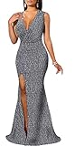 Women's Sexy Sleeveless Sparkly Maxi Dress V Neck High Slit Wrap Formal Gown Cocktail Glitter Maxi Long Dresses Silver