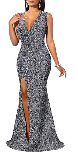 Image of Women's Sexy Long Sleeve Sparkly Maxi Dress V Neck High Slit Wrap Formal Gown Cocktail Glitter Maxi Long Dresses