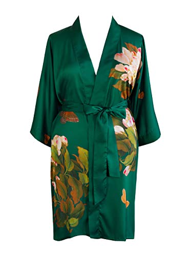 KIM+ONO Women's Plus Size Charmeuse Kimono Robe Short - Watercolor Floral - Peony & Butterfly - Emerald (Green)