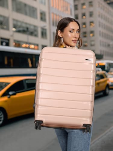 Image of Teakwood Large Check in Size 8 Wheels Trolley Bag, Hard Cabin with Zipper Closure, Adjustable Push Button & Cross Side Strap, TSA Lock System 360 Degree (Large Check in Size, Rose)