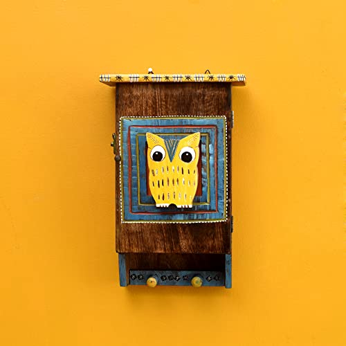 Image of AAKRITI ART CREATIONS Key Holder, Hooting Owl Key Hanger with Storage Box | Rustic Wood Wall Organizer with 7 Hooks | New Home Gifts | Multifunctional Entryway Decor Item