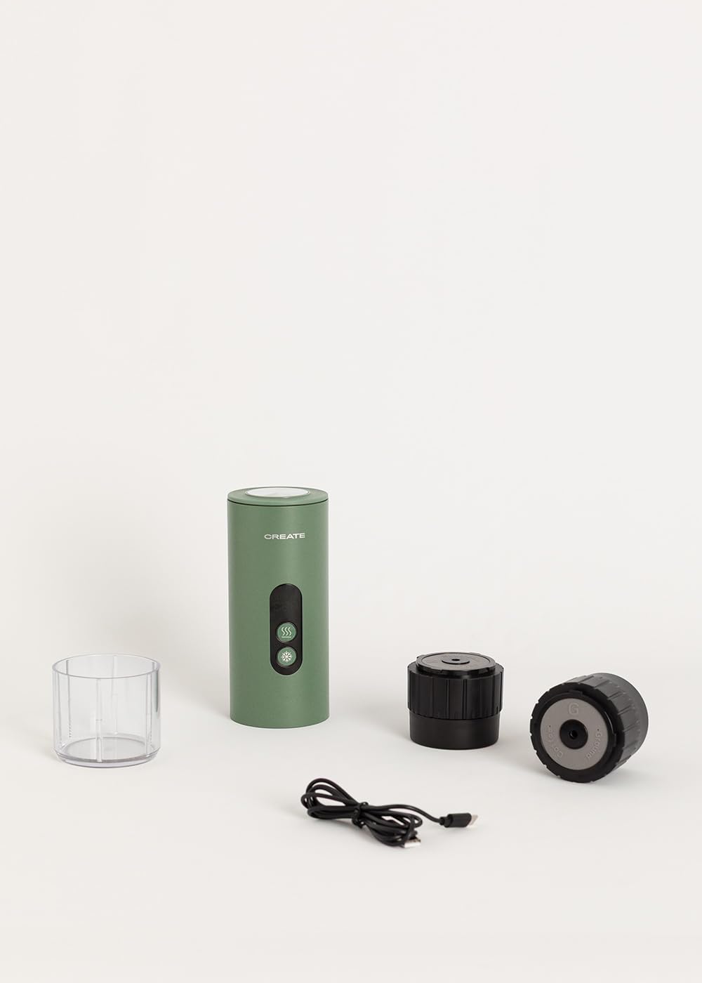 CREATE / THERA MOVE/Cafetera express portátil con funda de transporte para cápsulas y café molido verde sage/Preparación en frío y en caliente, 15 bar, capacidad de 80ml, 150W