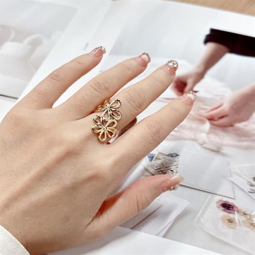 OIDIMS Dainty Hollow Double Flower Knuckle Stacking Rings for Women Stainless Steel Elegant Bohemian Statement Adjustable Open Polished Tail Finger Wedding Band Ring Hypoallergenic Exquisite Jewelry3