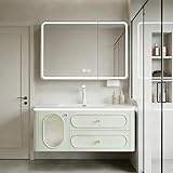 Fayinn Pastel Mint Green Floating Bathroom Vanity, Modern French Style Vanity with LED Backlit Mirror, Rounded Soft-Close...