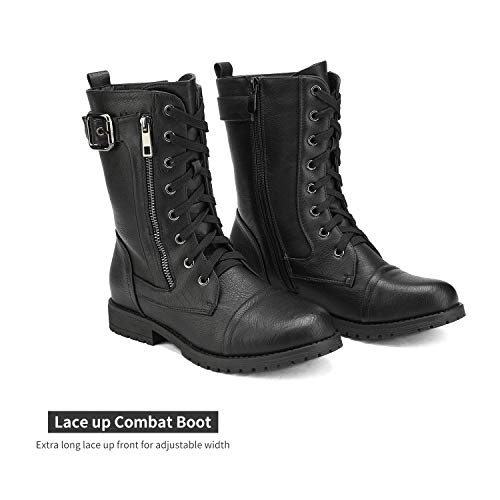 DREAM PAIRS Women's Mid Calf Built-in Wallet Pocket Lace up Military Combat Boots,Size 6.5,Black,MISSION