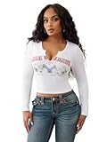 True Religion Women's Buddha V-Notch Rib Tee – Long Sleeve Fitted T-Shirt with Graphic Logo- Optic White, L