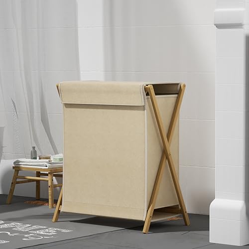 Gtzly Collapsible Laundry Baskets, Bamboo Wood X-frame Laundry Hamper with Lid Dirty Clothes Basket Foldable Storage for Household, Dorm, Family(Beige,50 * 34 * 56.5 cm)