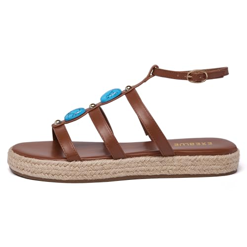 Image of Women's Bohemian Espadrille Platform Sandals,Open Toe Wedge Sandals with Turquoise Decor, Adjustable Ankle Buckle, Summer Beach Shoes