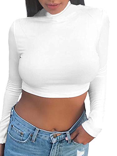 LAGSHIAN Basic Long Sleeve Crop Top, Women's Turtleneck Sexy Casual Top White