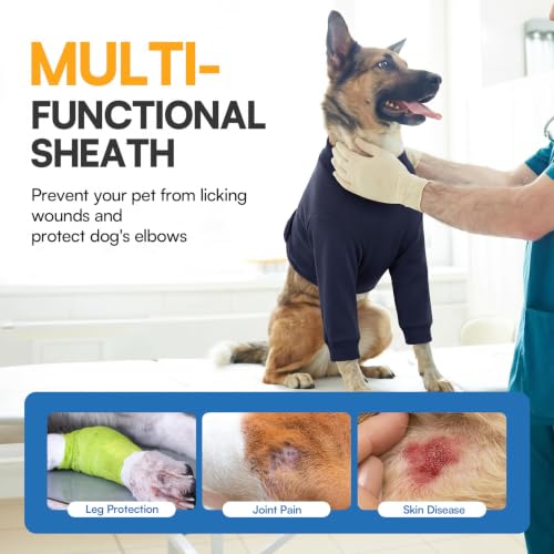 Image of Queenmore Dog Leg Sleeve to Stop Licking, Alternative to Cone of Shame, After Surgery Dog Elbow Protector with Magic Tapes, Recovery Suit for Dogs, Navy Blue, S