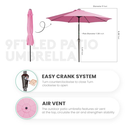 Image of JEAREY 9FT Outdoor Patio Umbrella with Solar Lights, LED Lighted Pool Umbrella with Tilt and Crank, Outdoor Table Umbrellas for Deck, Yard & Market (Rose Pink)