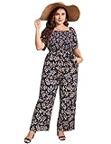 KOJOOIN Plus Size Casual Jumpsuits for Women Outfits Tie Belt Bell Sleeve Smocked Beach Wide Leg Flo