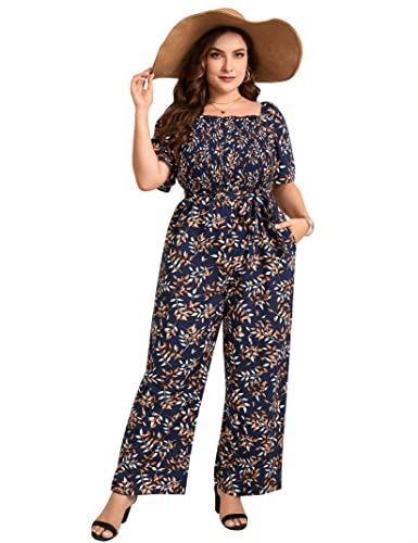 Kojooin Plus Size Casual Jumpsuits For Women Outfits Tie Belt Bell Sleeve Smocked Beach Wide Leg Floral Jumpsuits Navy Leaves 3Xl #TOP25
