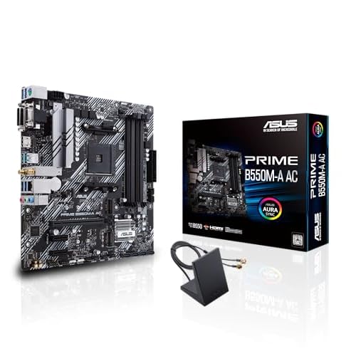 ASUS Prime B550M-A AC AMD AM4 (3rd Gen Ryzen™) Micro ATX motherboard (PCIe 4.0, WiFi, ECC memory, 1Gb LAN, HDMI 2.1/D-Sub, 4K@60HZ, Addressable Gen 2 RGB header and Aura Sync)