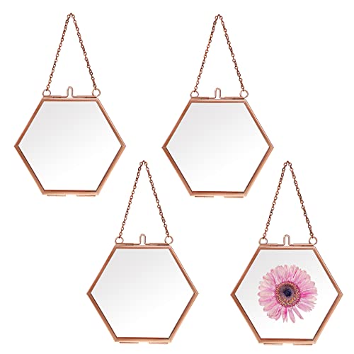 SumnaCon Set of 4 Rose Gold Glass Hexagon Photo Frame Hanging Artwork Display, Home Decor Mini Wall Picture Frame, Side Length 4.4cm