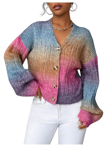 GORGLITTER Women's Colorful Button Up Cropped Cardigan Sweaters Open Front Long Sleeve Chunky Knit Cardigan