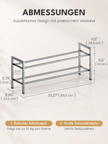 Image of Bumusty 2 Tier Expandable Shoe Rack for Closet, 18 inch-33 inch Adjustable Shoe Rack for Small Space, Small Shoe Organizer for Front Door, Sturdy Metal, Light Grey