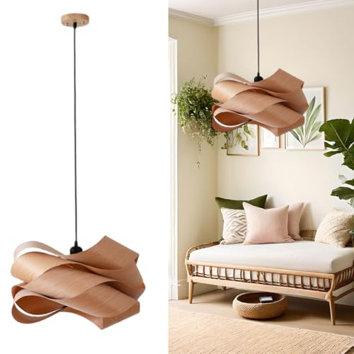 Wood Pendant Lamp, Wooden Hanging Light, Modern Artistic Wavy Curved