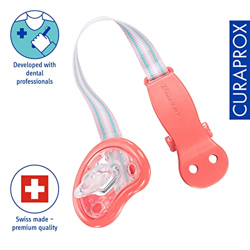 CURAPROX Baby Schnullerkette mit Clip, Schnullerband Stoff, Schnullerhalter, Pacifier holder with clip, BPA-frei, orange, 1 Stück, 10 g Curaprox Baby Schnullerhalter