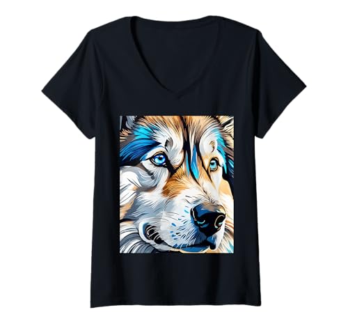Donna Malamute Alaskan Sled Dog Pet Ritratto Vettore Maglietta con Collo a V