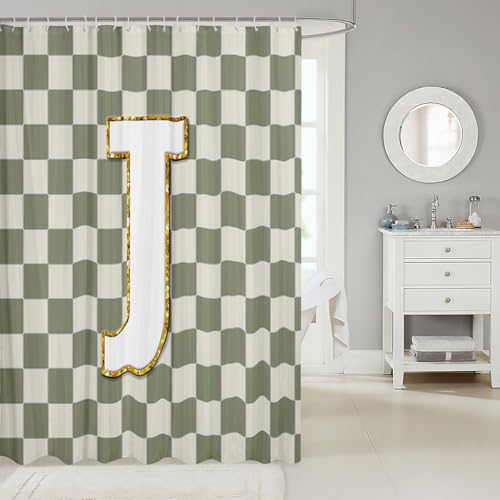 Image of Erosebridal Sage Green Checkered Bathroom Accessories Plaid Initial J Shower Curtain Personalized Monogram Bathroom Curtain for Kids Adults 72 inch Wx72 L Fashion Grids Gingham Shower Decor