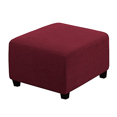 Image of H.VERSAILTEX Square Ottoman Covers Ottoman Slipcovers Folding Storage Stool Furniture Protector Form Fit with Elastic Bottom, Stretch High Spandex Small Checks Jacquard Fabric(Medium,Burgundy Red)