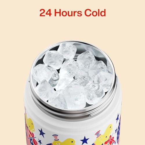 Image of Kids Insualated Water Bottle with Straw,12oz Stainless Steel Water Bottle with Dual Spouts, Leak-Proof,BPA-Free,Double Wall Vacuum Keeps Cold for 24 Hours for Sports,Travel,School (White Hippo Parade)