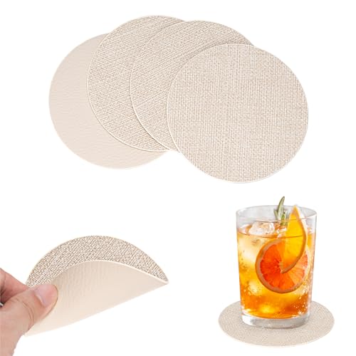 PROMATTOO Faux Leather Round Coasters Set of 4 – Non-Slip, Waterproof, Heat Resistant and Easy to Clean Drink Placemats for Kitchen, Dining or Office Use– Ivory Beige