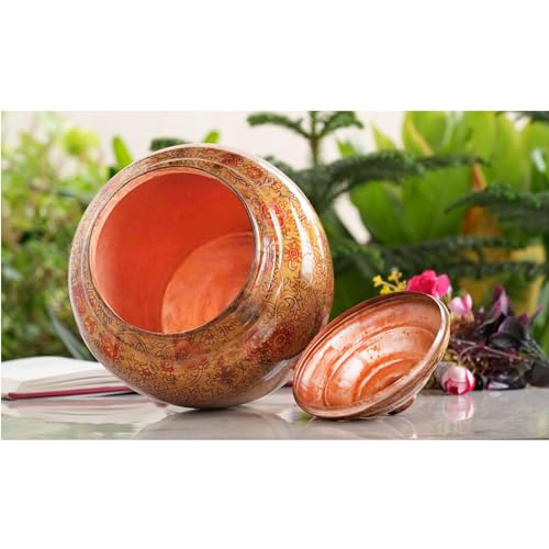 Image of Indian Art Villa Printed Paisely Design Copper Water Dispenser Pot Matka, Storage, Home Kitchen Garden, 6 LTR