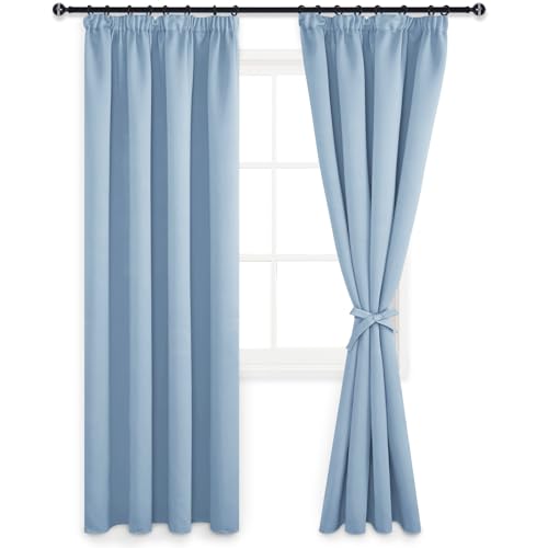 DWCN Vorhänge Wohnzimmer Blickdicht Kräuselband mit Vorhang-Krawatten, 2er Set H 228 x B 117 cm Vorhänge Dunkel Thermogardine Verdunkelung, Wärmeisolierend Thermovorhang für Schlafzimmer, Hell Blau