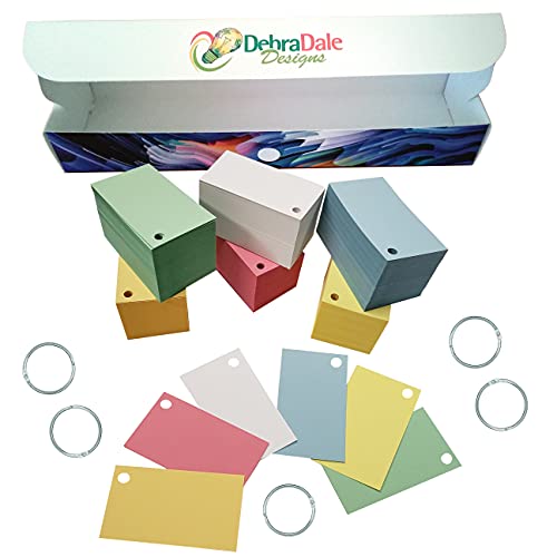 Debra Dale Designs - 1,000 Small Blank Study Flash Cards Note Cards - Single Hole Punched - Premium Heavy 140# Index Card Stock - Six (6) Colors - Five (5) Metal Binder Rings - 3.5 X 2 Inches #TOP5